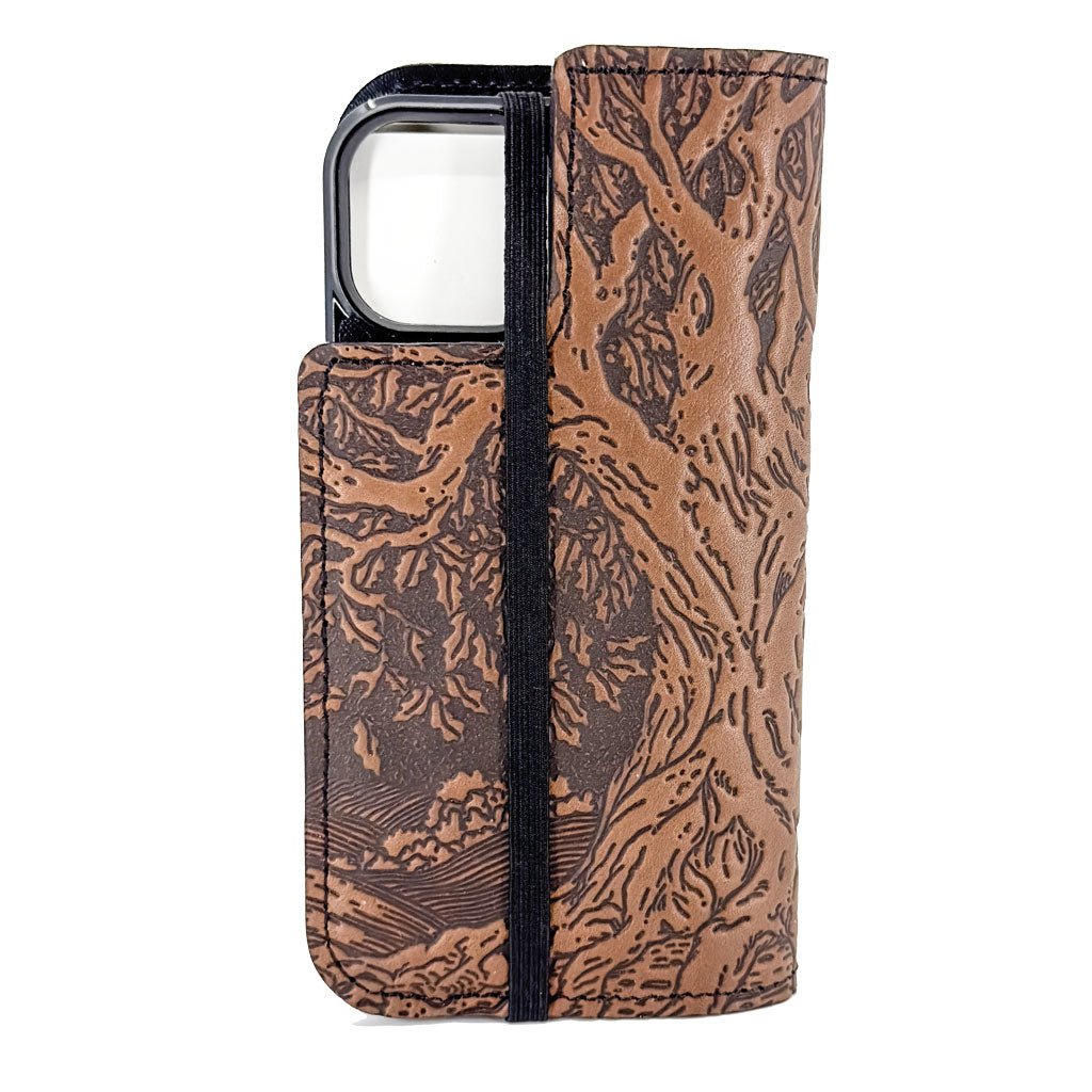 Oberon Design Tree of Life Leather Wallet Folio Case for iPhones. Back, Saddle