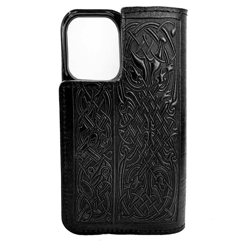 Oberon Design Celtic Hounds Leather Wallet Folio Case for iPhones, Black, Back