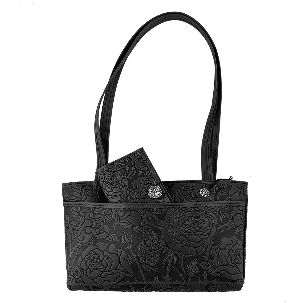 Oberon Design Leather Women&#39;s Handbag, Wild Rose Streamline, Black with Wallet