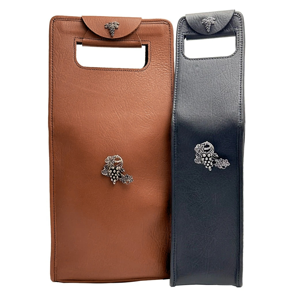 Leather wine bottle bags double and single black and saddle with grapevine medallion