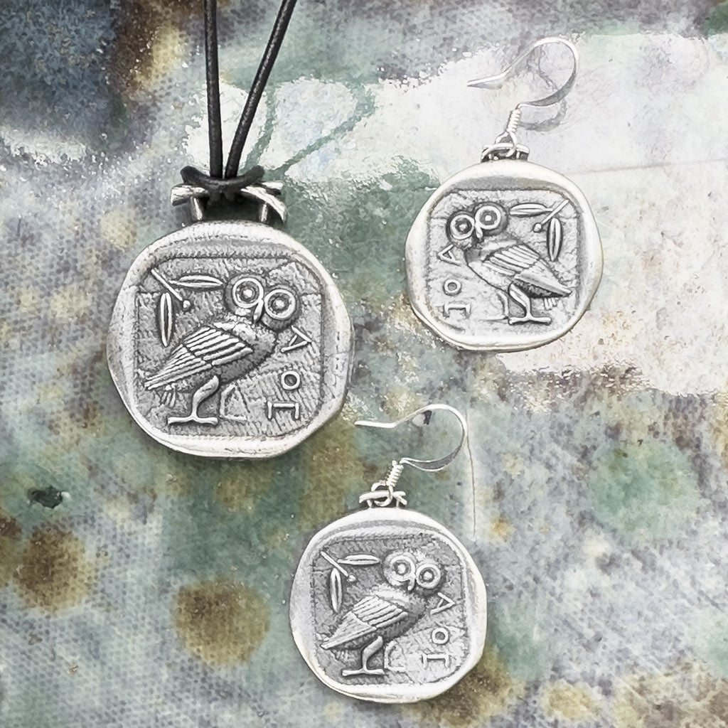 Oberon Design Athena's Owl Jewelry Set, Necklace & Earrings