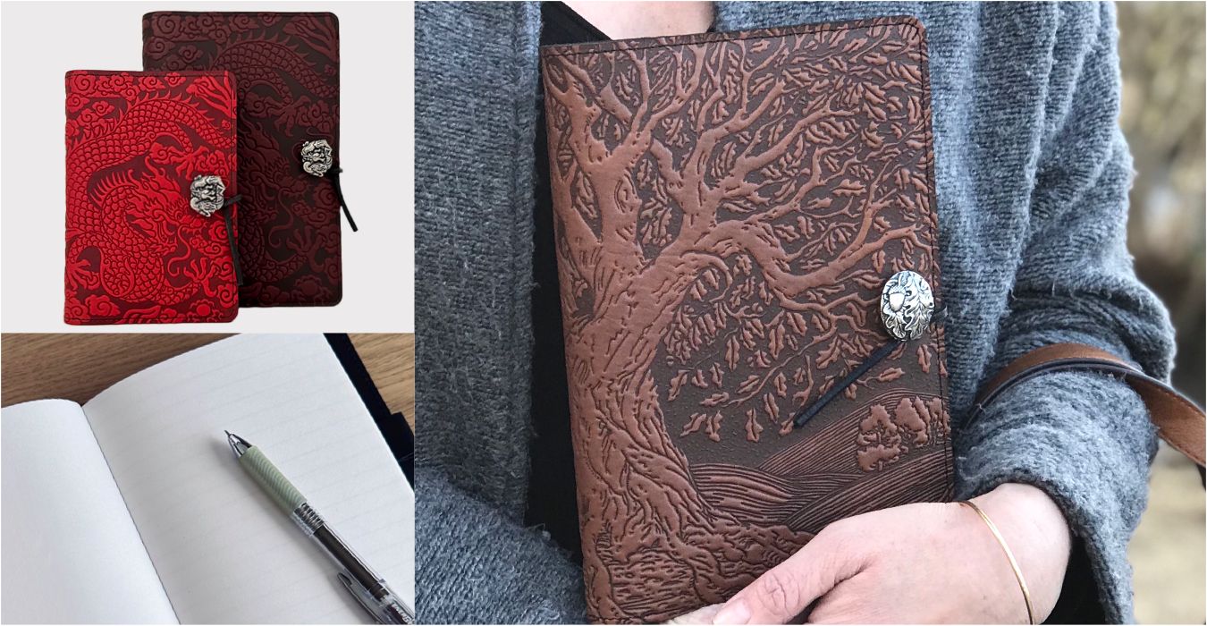 Genuine Leather Refillable Journal Cover + Hardbound Blank Insert - 6x9 Inches - Roof of Heaven, Sky Blue with Pewter Button - Made in The USA by Ober