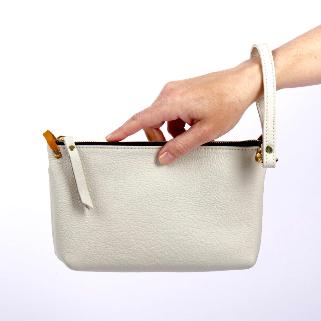 Oberon Design Paula with Pacific Leather in Fog worn as wristlet