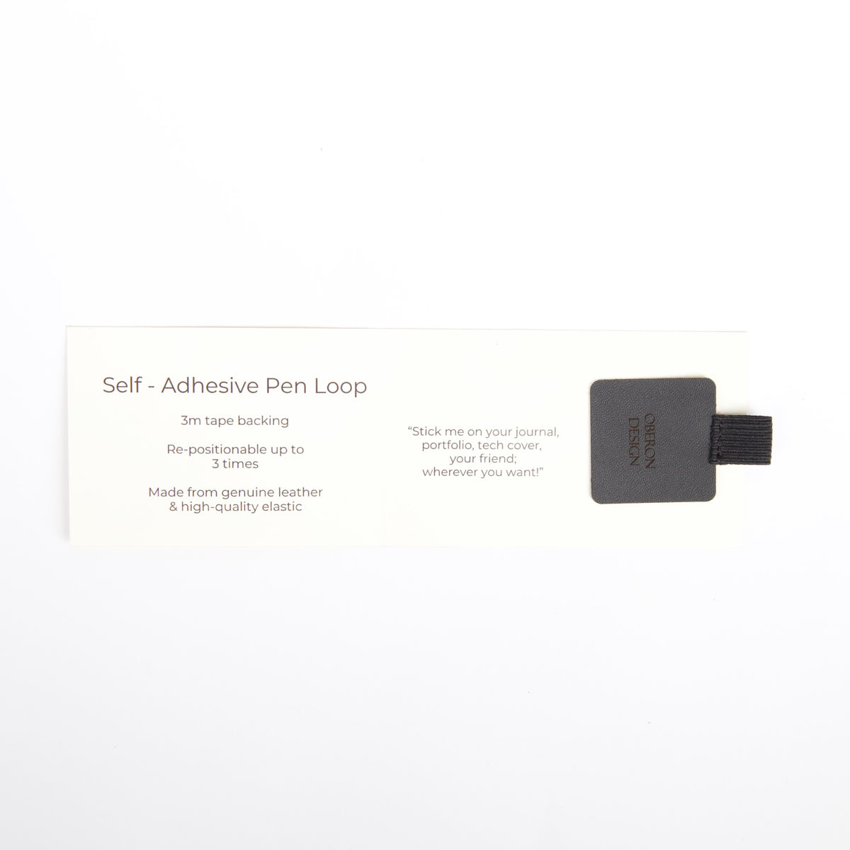 Leather and elastic Self-adhesive Pen Loop, carded interior package, by Oberon Design