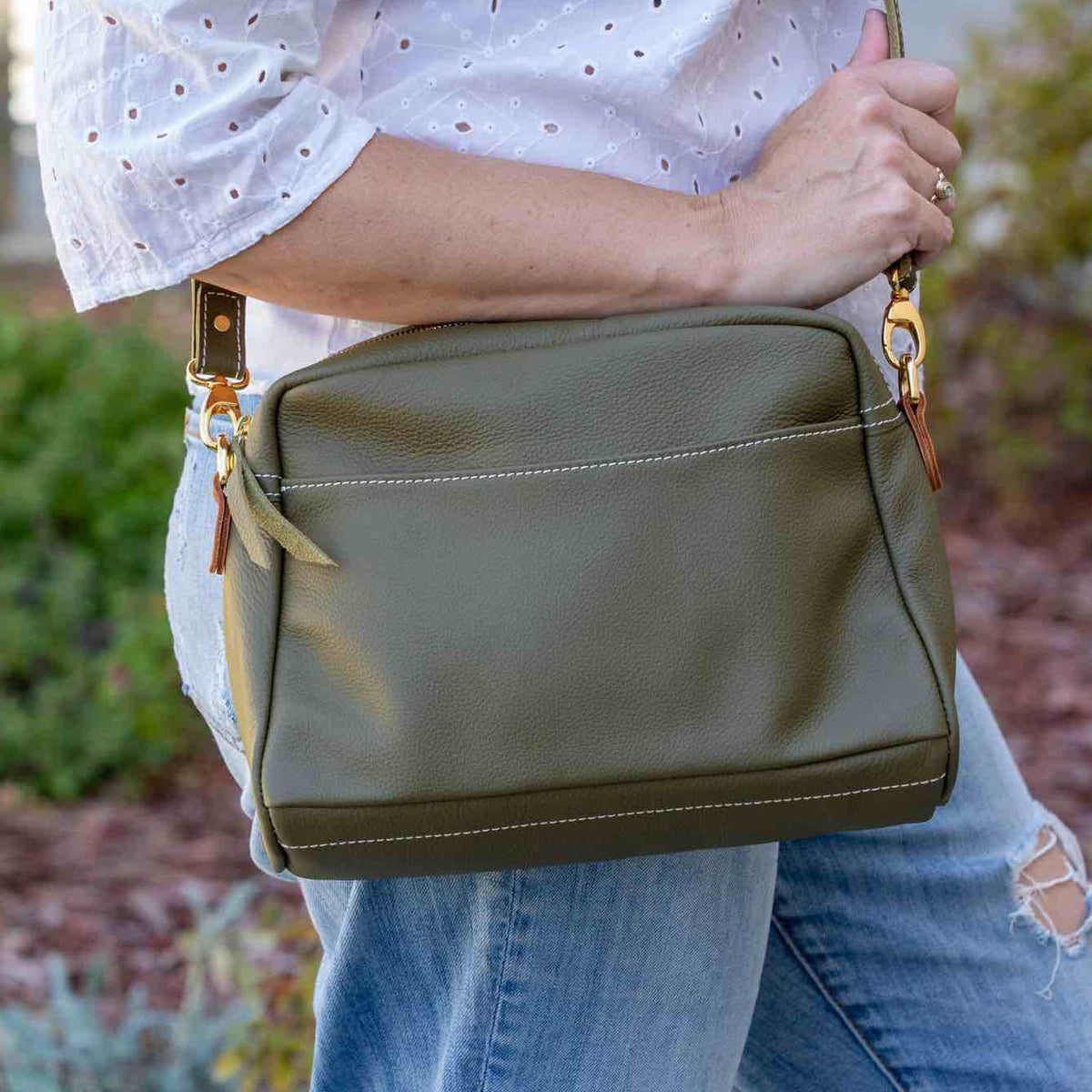 Oberon Design Retro Crossbody with Pacific Leather in Sage Side Profile Lifestyle