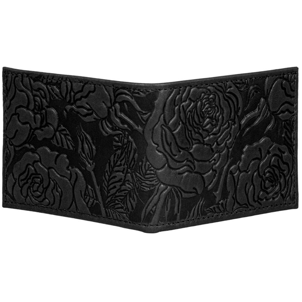 Oberon Design Leather Bi-fold Women&#39;s Wallet, Wild Rose, Black, Open