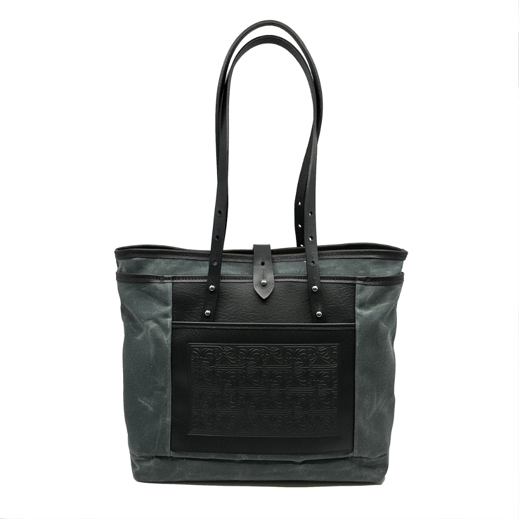 Everyday tote waxed canvas and leather Art Nouveau Lattice in Charcoal and Black