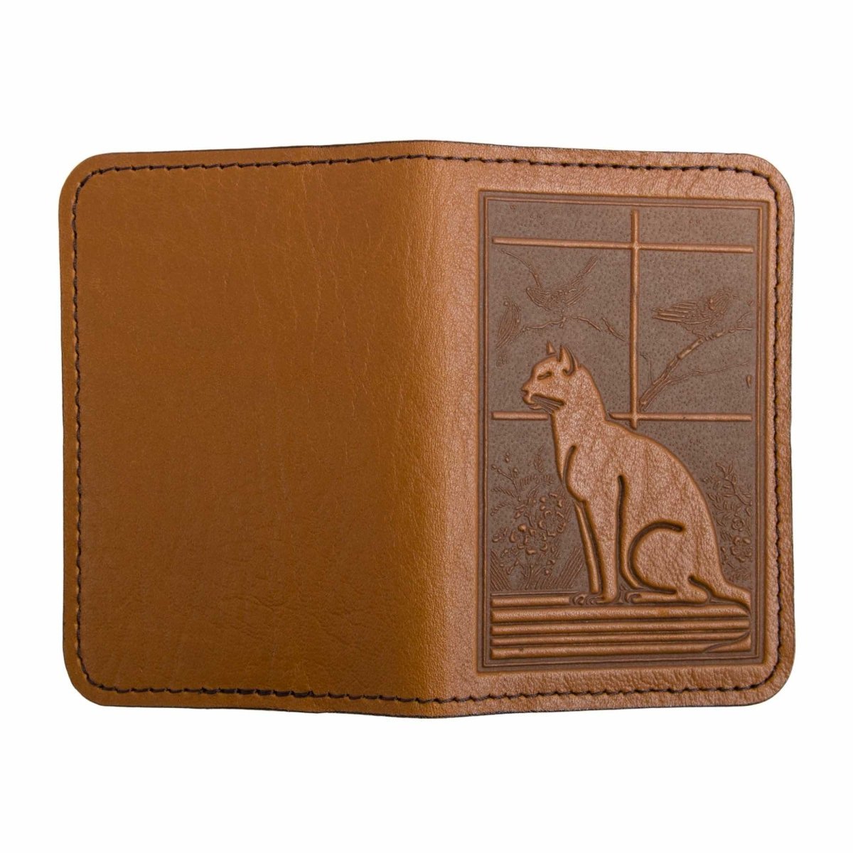 Leather Card Holder Mini Wallet, Cat in Window, Saddle