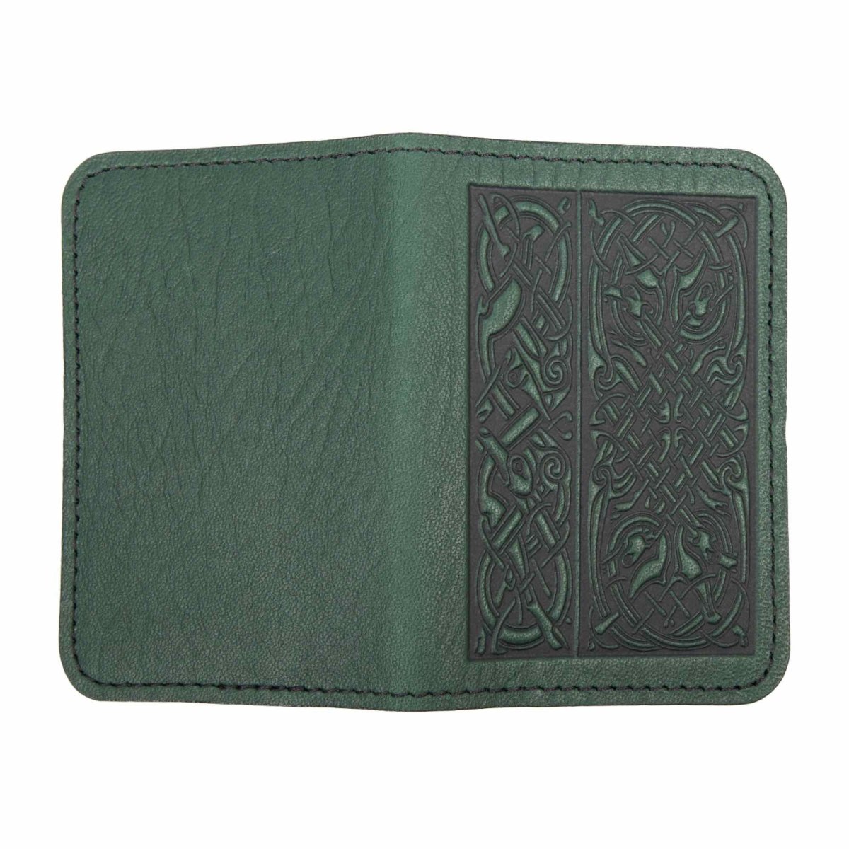 Leather Card Holder, Mini Wallet, Celtic Hounds in Green, open view