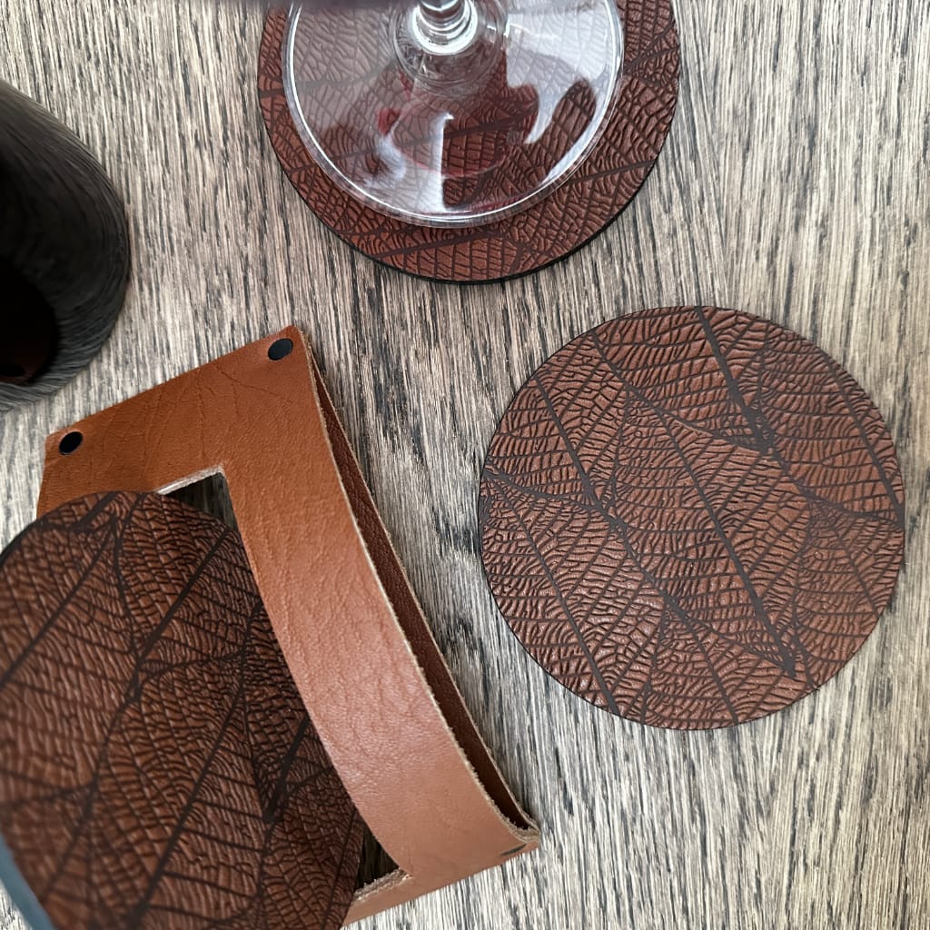 Fallen leaves leather coaster with wine glass and arch stand
