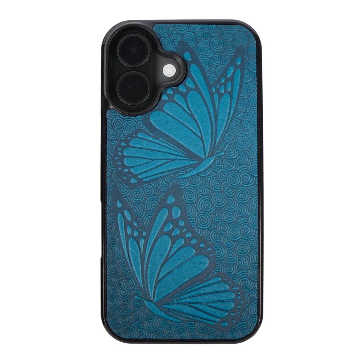 Oberon Design Genuine Leather iPhone Case, Hand-Crafted, Butterflies iPhone 16 / Blue