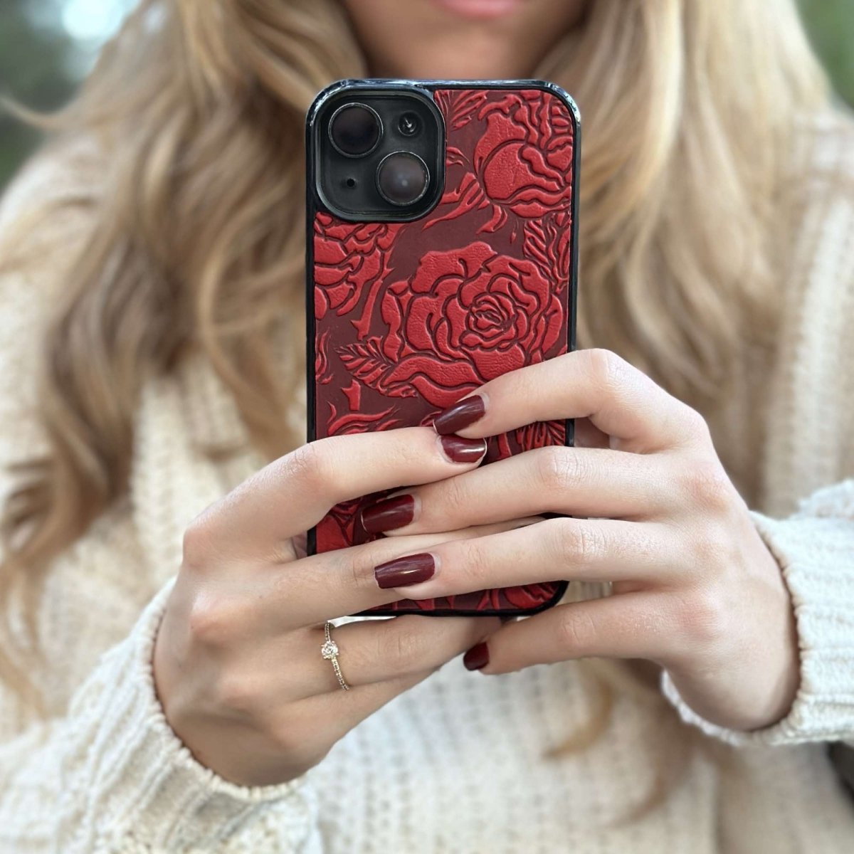 Oberon Design Genuine Leather iPhone Case, Hand-Crafted, WIld Rose iPhone 14 PLUS / Red Oberon Design Genuine Leather iPhone Case, Hand-Crafted, WIld Rose iPhone 14 PLUS / Red
