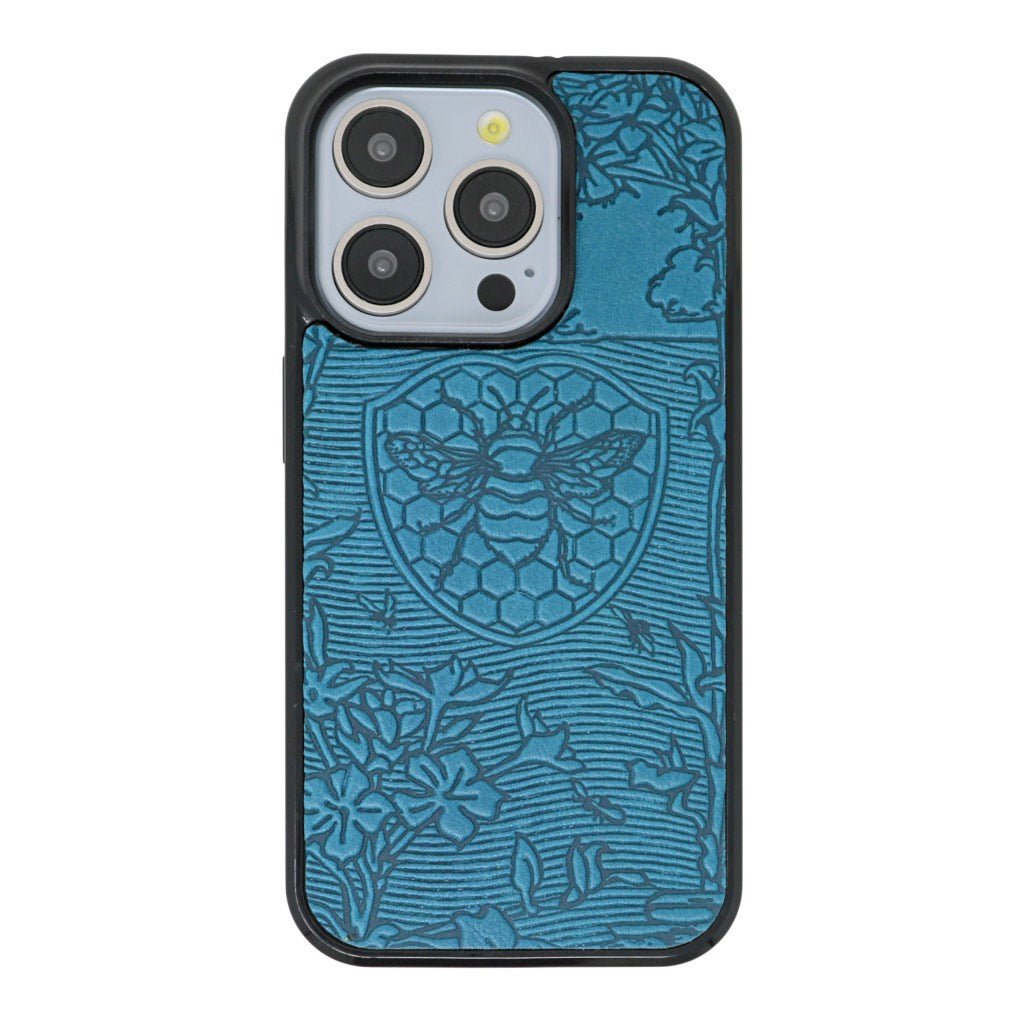 Oberon Design Genuine Leather iPhone Case, Hand-Crafted, Bee Garden iPhone 15 PRO / Blue Oberon Design Genuine Leather iPhone Case, Hand-Crafted, Bee Garden iPhone 15 PRO / Blue