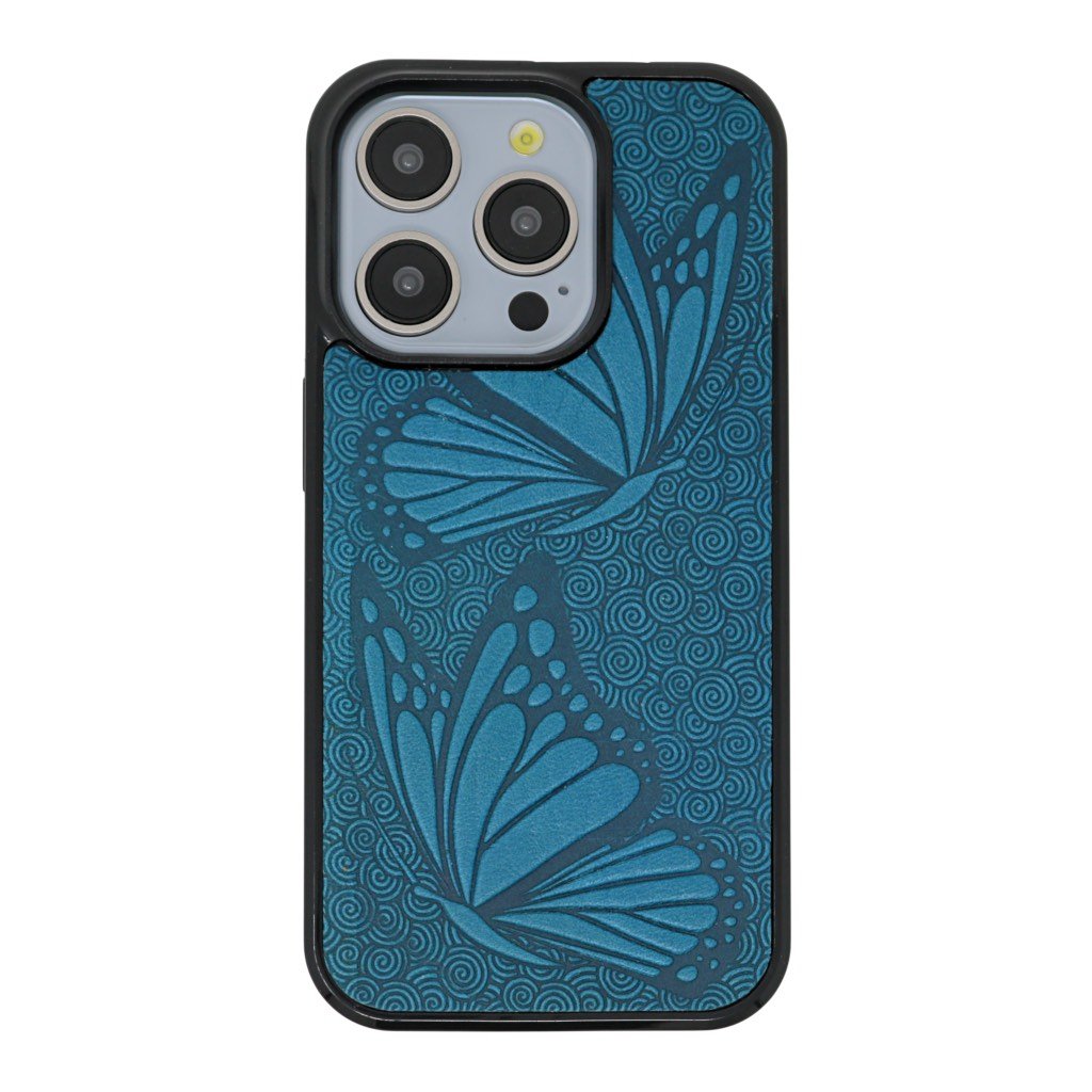 Oberon Design Genuine Leather iPhone Case, Hand-Crafted, Butterflies iPhone 14 PLUS / Blue
