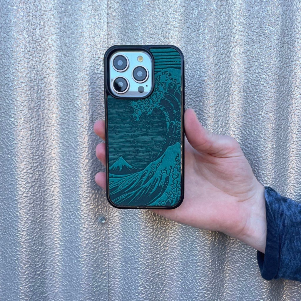 Oberon Design Genuine Leather iPhone Case, Hand-Crafted, Hokusai Wave iPhone 13 Pro / Teal Oberon Design Genuine Leather iPhone Case, Hand-Crafted, Hokusai Wave iPhone 13 Pro / Teal