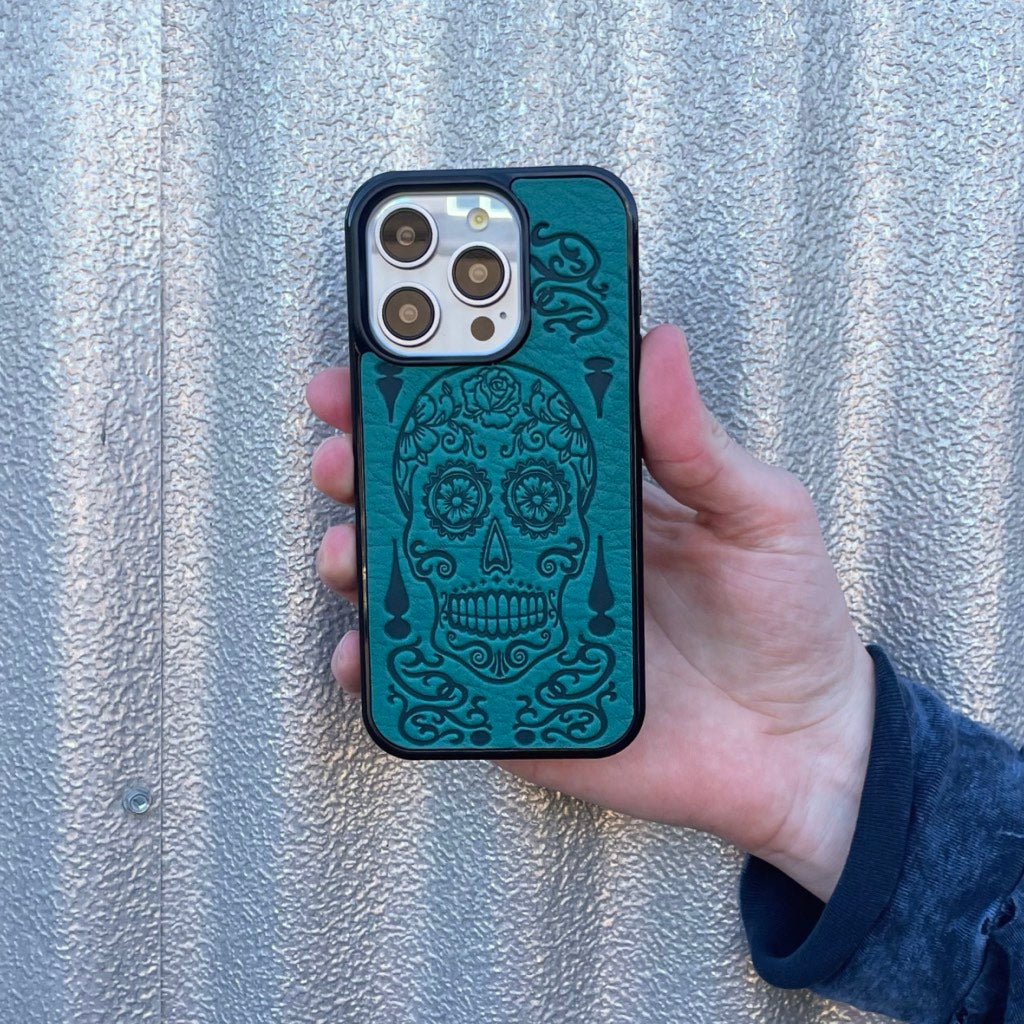Oberon Design Genuine Leather iPhone Case, Hand-Crafted, Sugar Skull iPhone 14 PRO / Teal Oberon Design Genuine Leather iPhone Case, Hand-Crafted, Sugar Skull iPhone 14 PRO / Teal