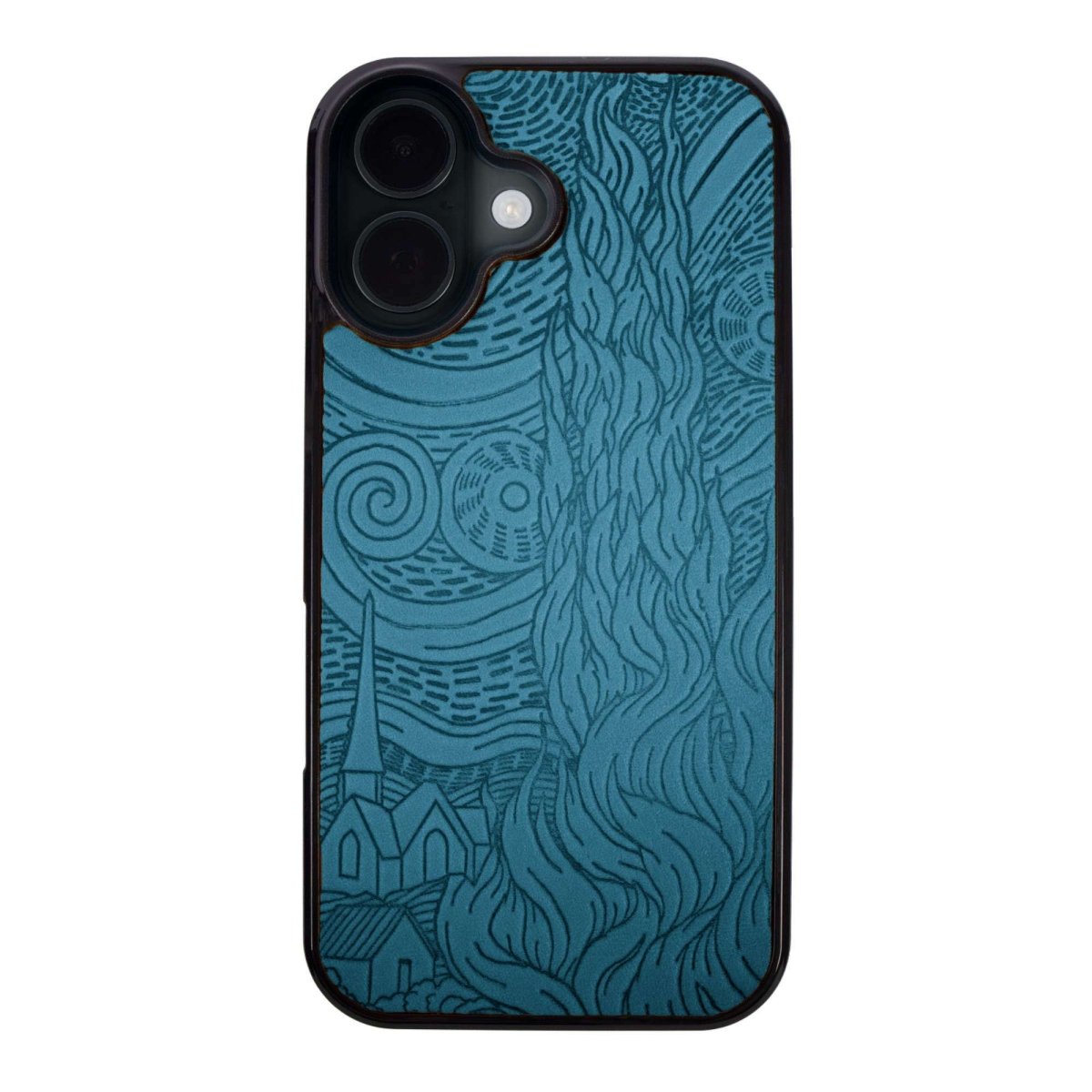 Oberon Design Leather iPhone Case, Hand-Crafted, Van Gogh's Sky iPhone 16 PLUS / Blue