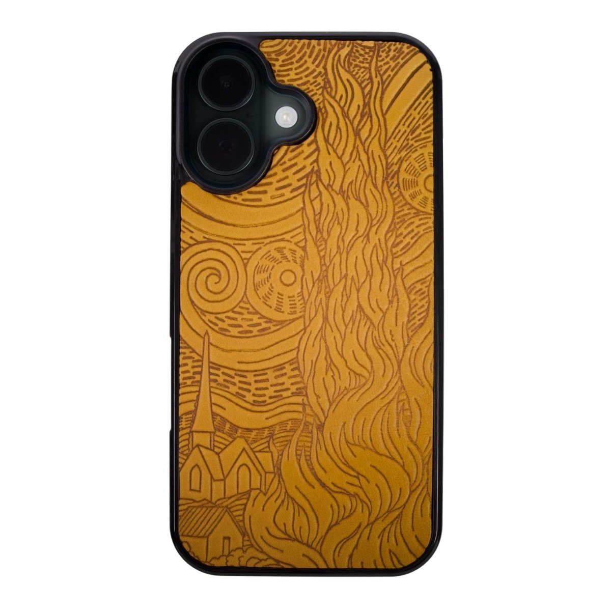 Oberon Design Leather iPhone Case, Hand-Crafted, Van Gogh's Sky iPhone 16 PLUS / Marigold