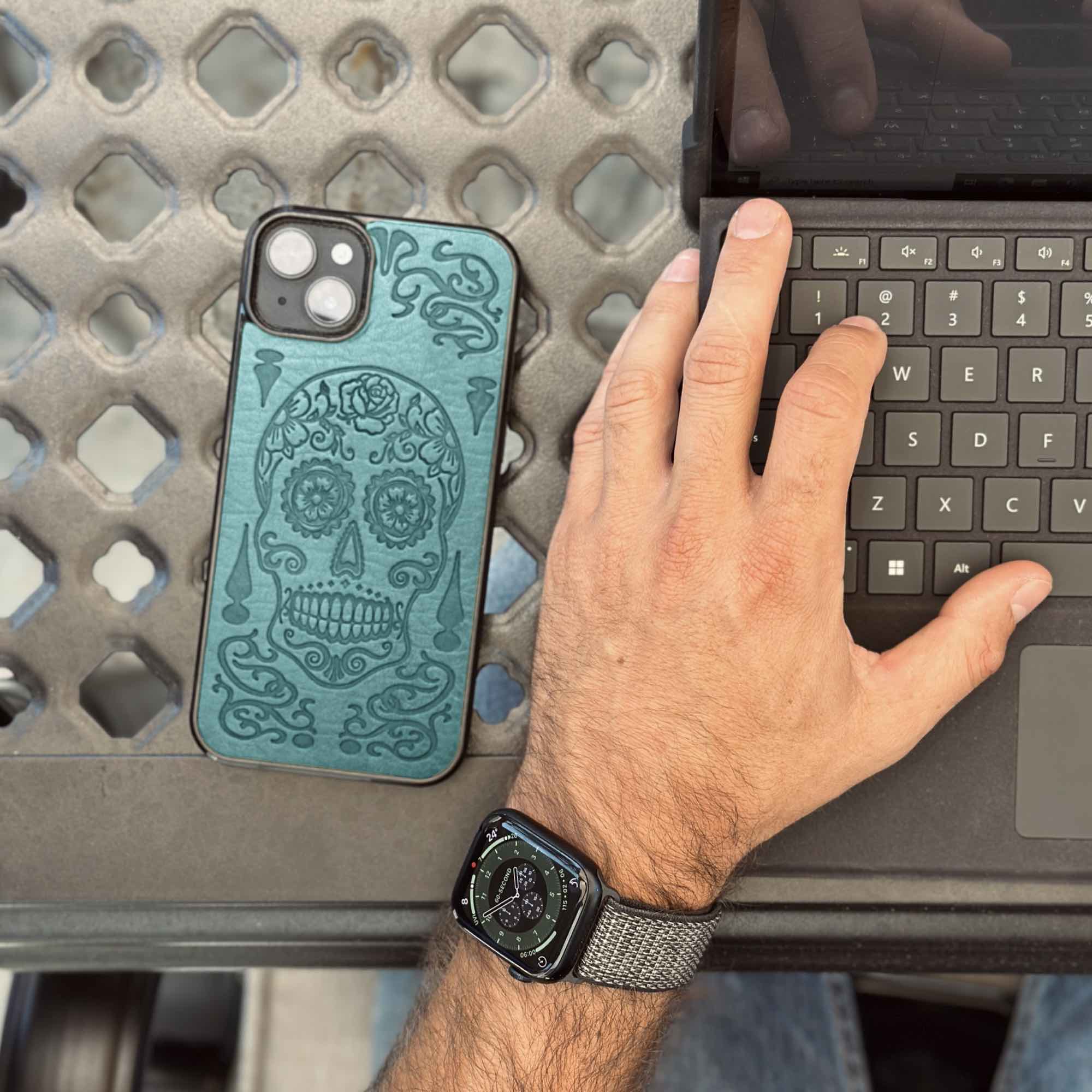 Oberon Design Genuine Leather iPhone Case, Hand-Crafted, Sugar Skull iPhone 14 PRO / Teal Oberon Design Genuine Leather iPhone Case, Hand-Crafted, Sugar Skull iPhone 14 PRO / Teal