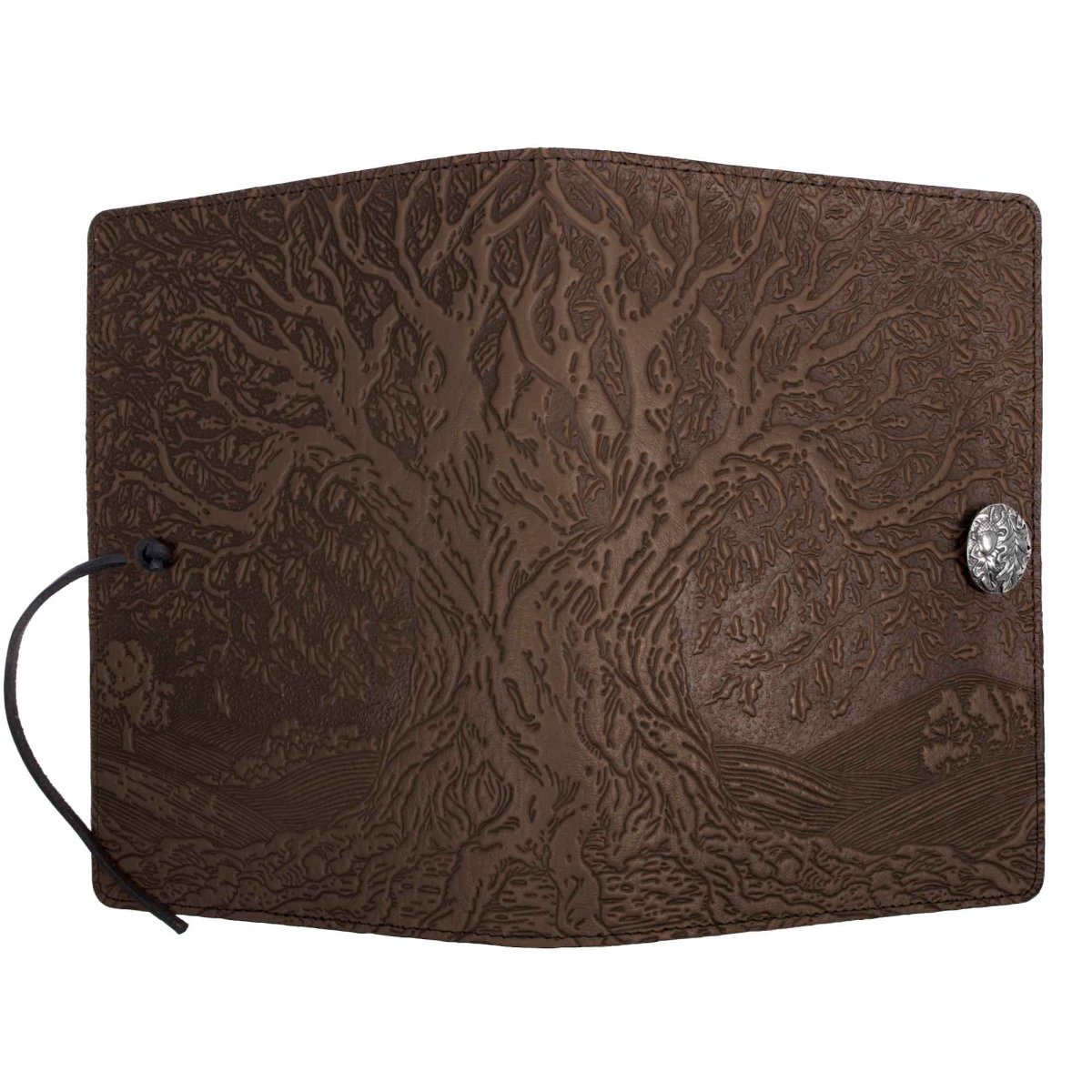 Leather Journal Cover, tree of life in chocolate by Oberon Design, open
