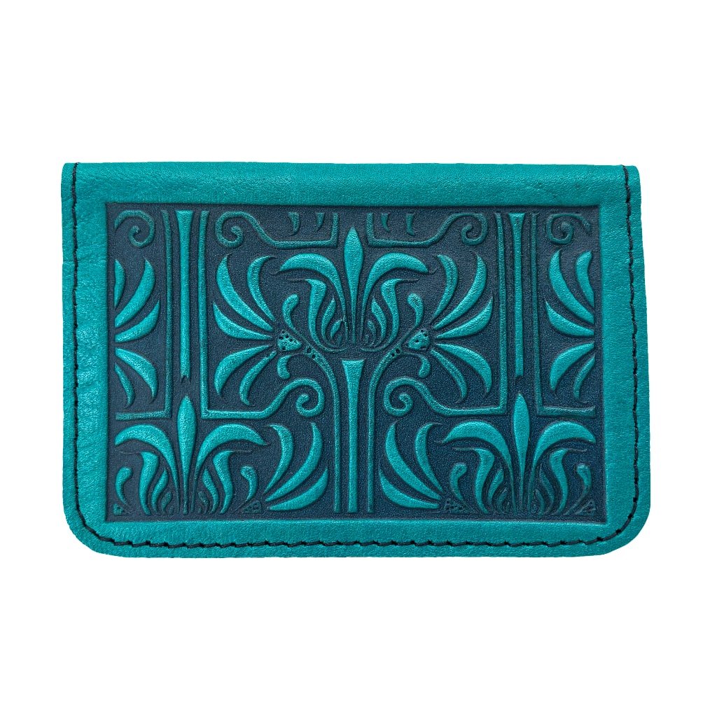 Oberon Leather Business Card Holder, Mini Wallet, Art Nouveau Lattice, Teal