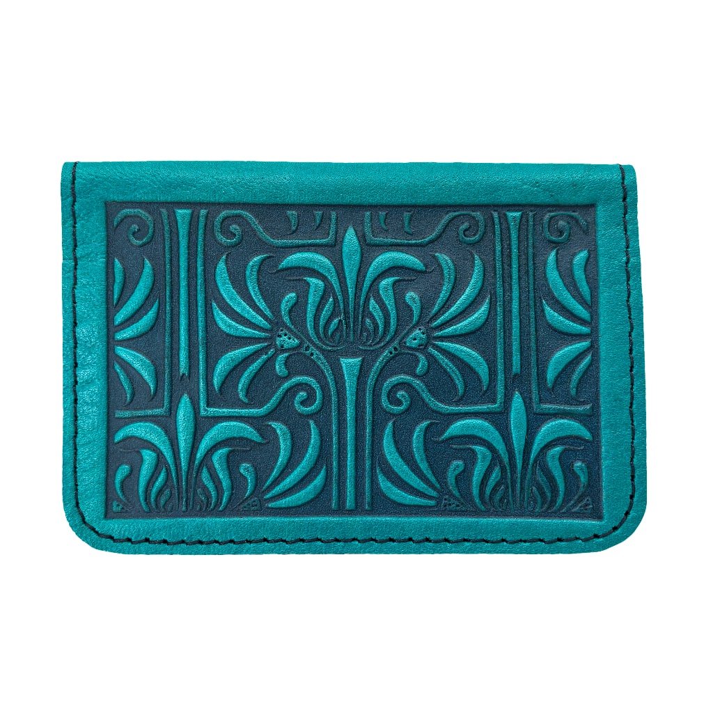 Oberon Leather Business Card Holder, Mini Wallet, Art Nouveau Lattice, Wine