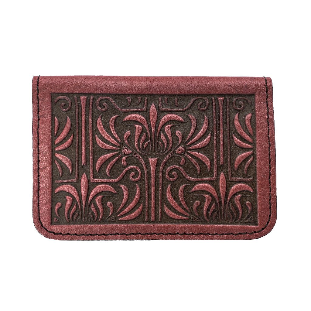 Oberon Leather Business Card Holder, Mini Wallet, Art Nouveau Lattice, Wine