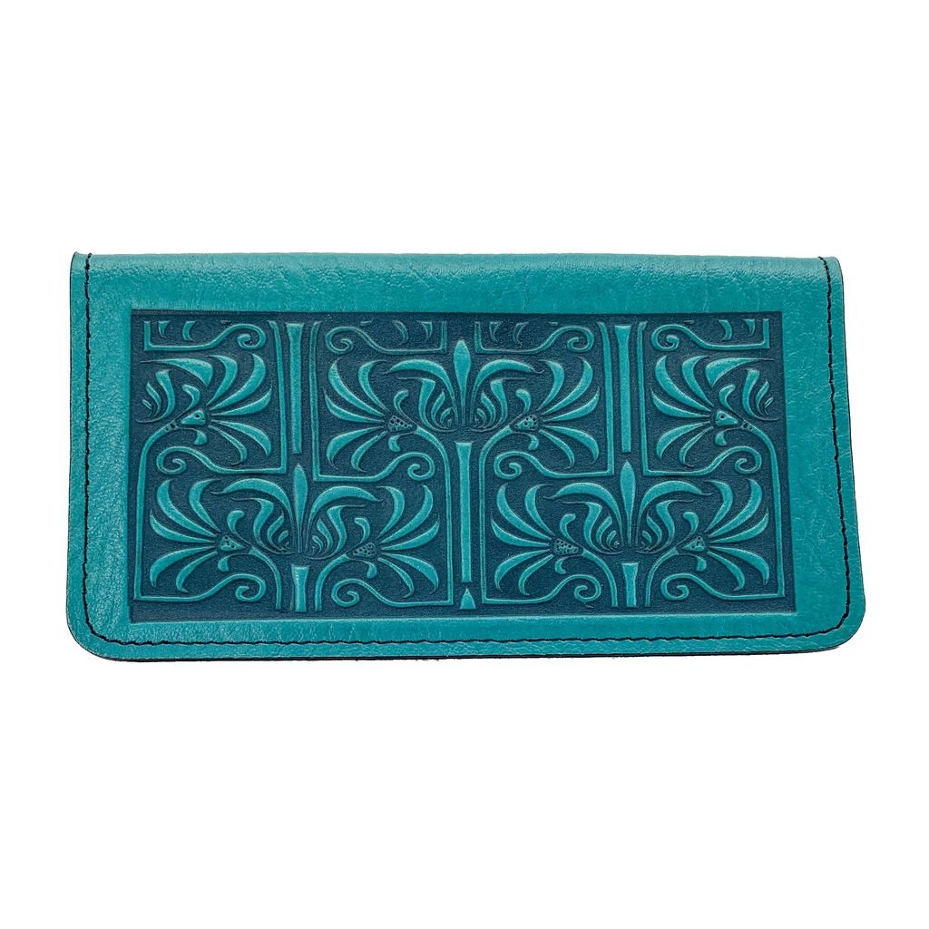 Art Nouveau lattice Leather Checkbook Cover in Teal