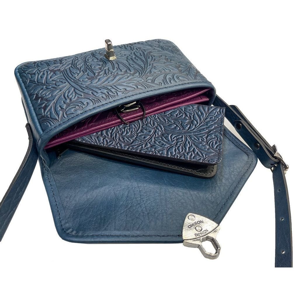 Oberon Design Leather Women&#39;s Cell Phone Handbag, Becca, Acanthus Leaf, Navy Interior