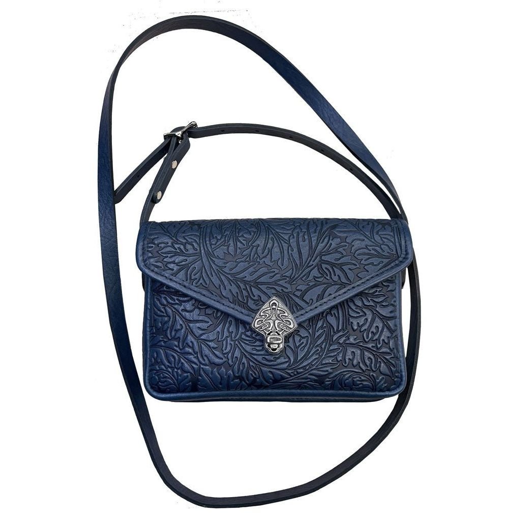 Oberon Design Leather Women&#39;s Cell Phone Handbag, Becca, Acanthus Leaf, Navy With Strap