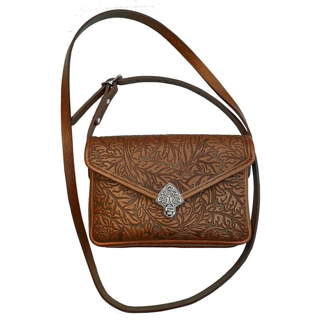 Oberon Design Leather Women&#39;s Cell Phone Handbag, Becca, Acanthus Leaf, Saddle With Strap