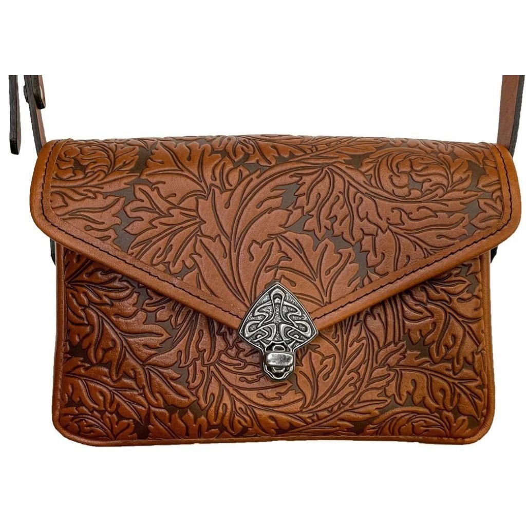 Oberon Design Leather Women&#39;s Cell Phone Handbag, Becca, Acanthus Leaf, Saddle