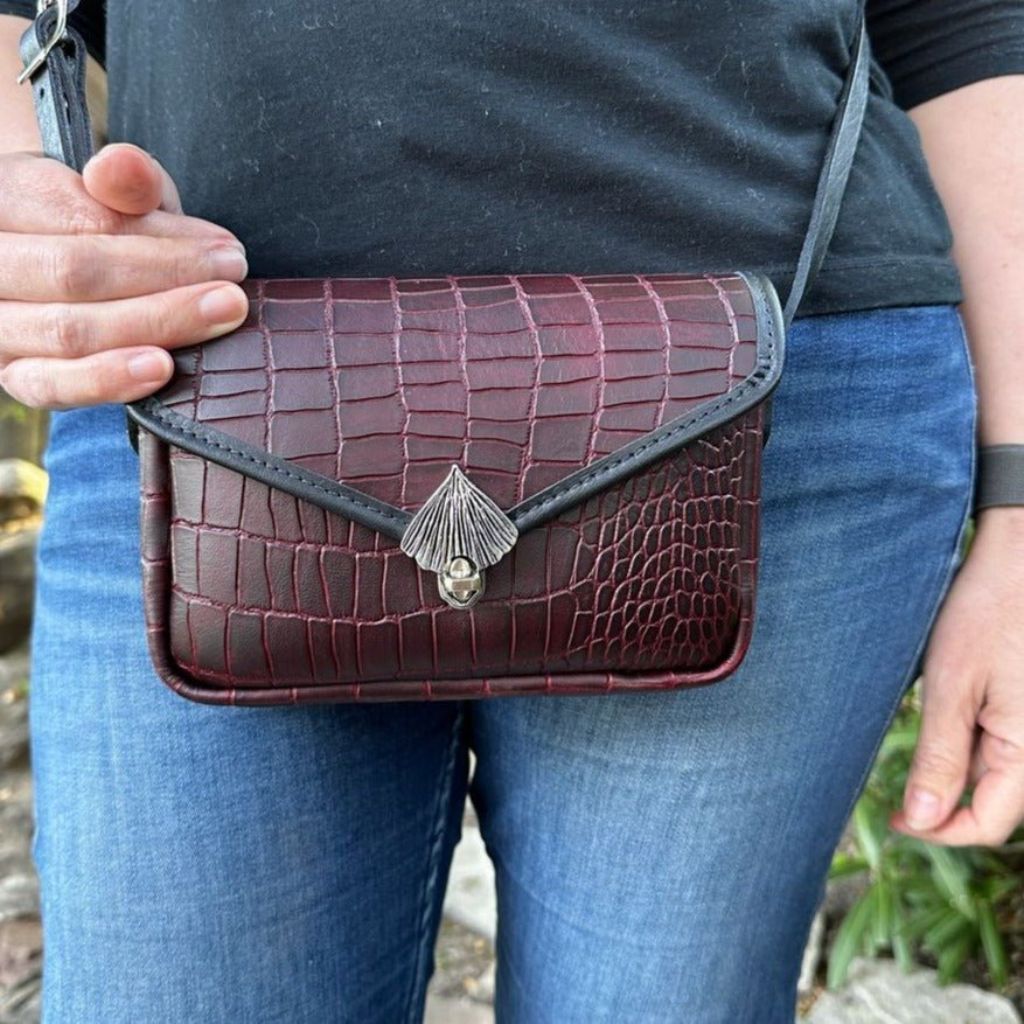 Becca Cell Phone Handbag, Burgundy Alligator, Modeled Image