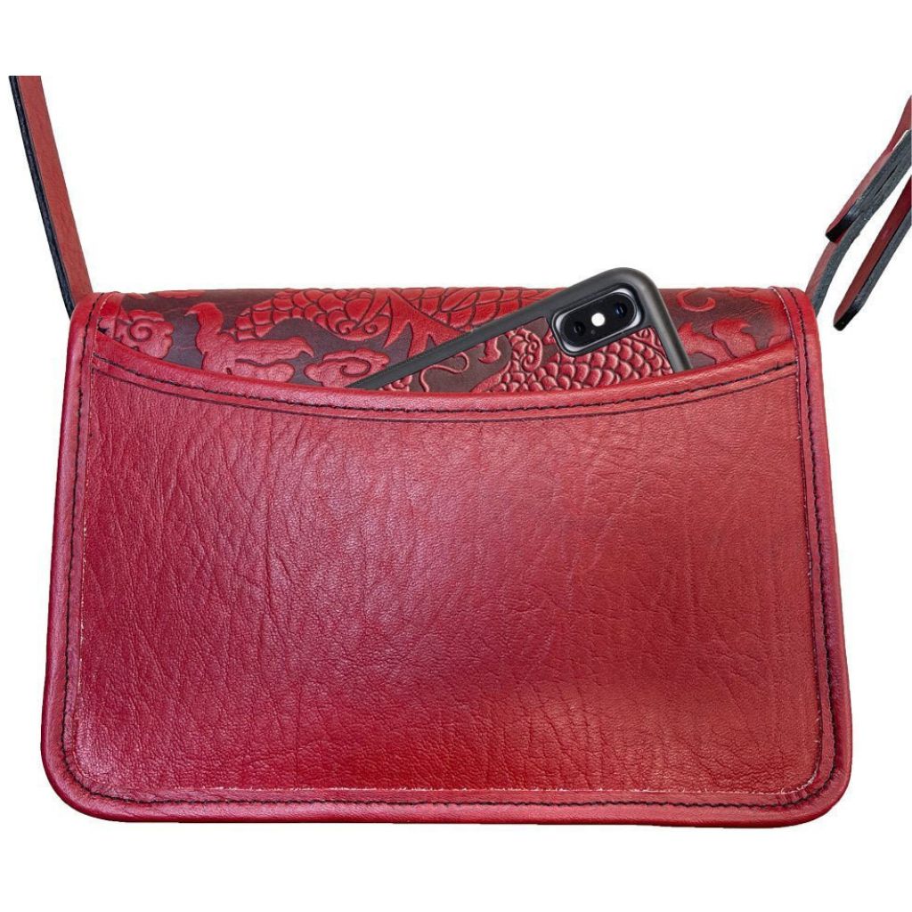 Oberon Design Leather Women&#39;s Cell Phone Handbag, Becca, Cloud Dragon, Red Back