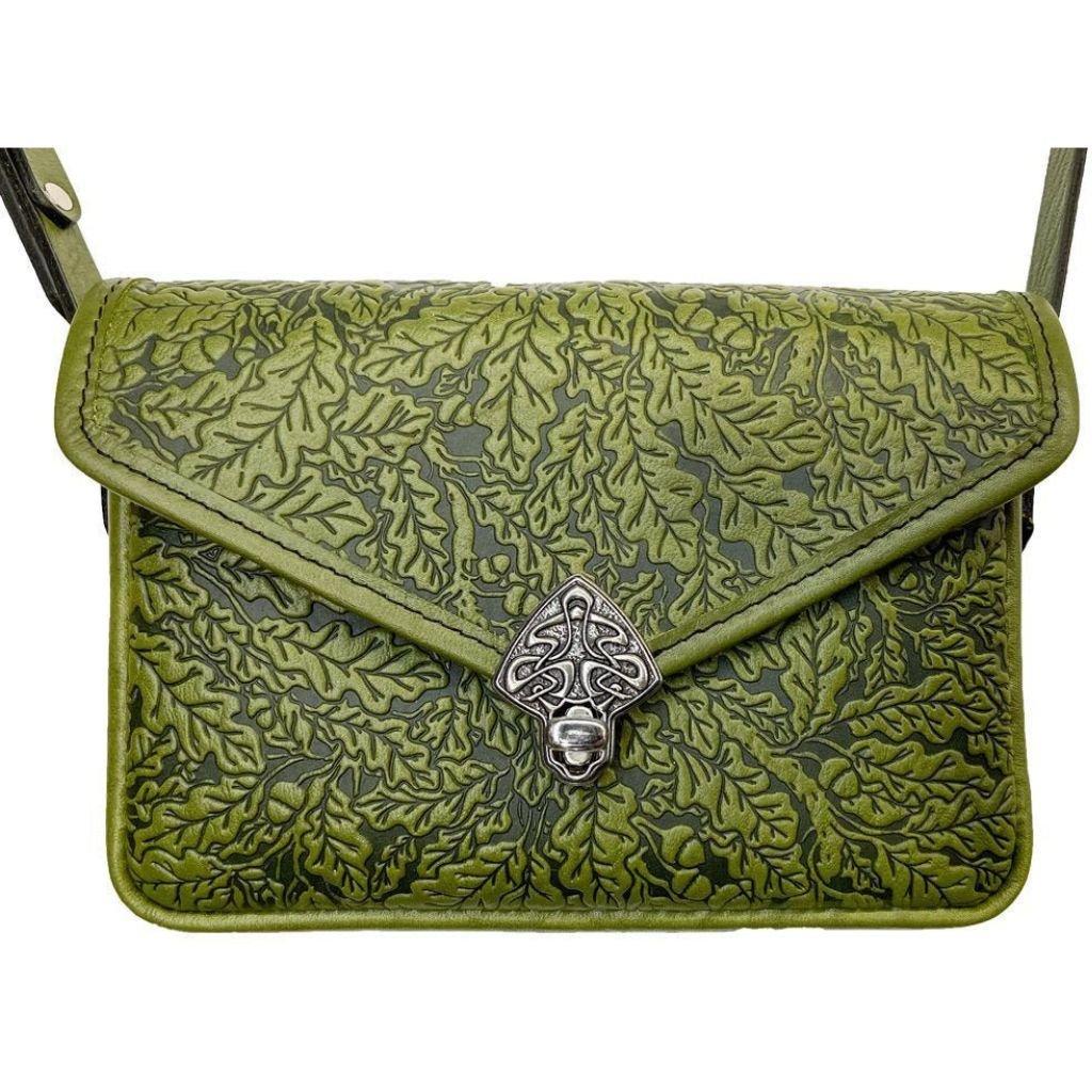 Oberon Design Leather Women's Cell Phone Handbag, Becca, Oak Leaves, Saddle
