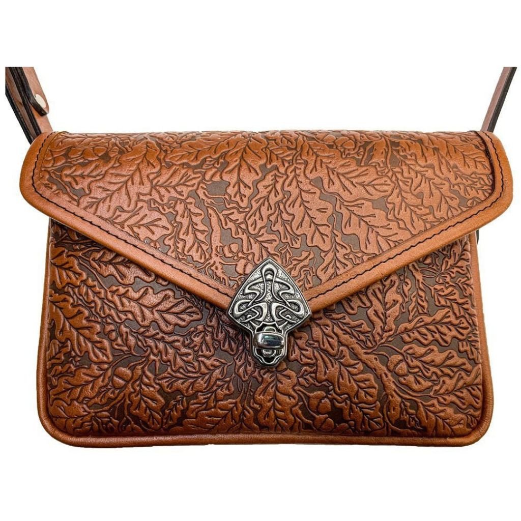 Oberon Design Leather Women's Cell Phone Handbag, Becca, Oak Leaves, Saddle