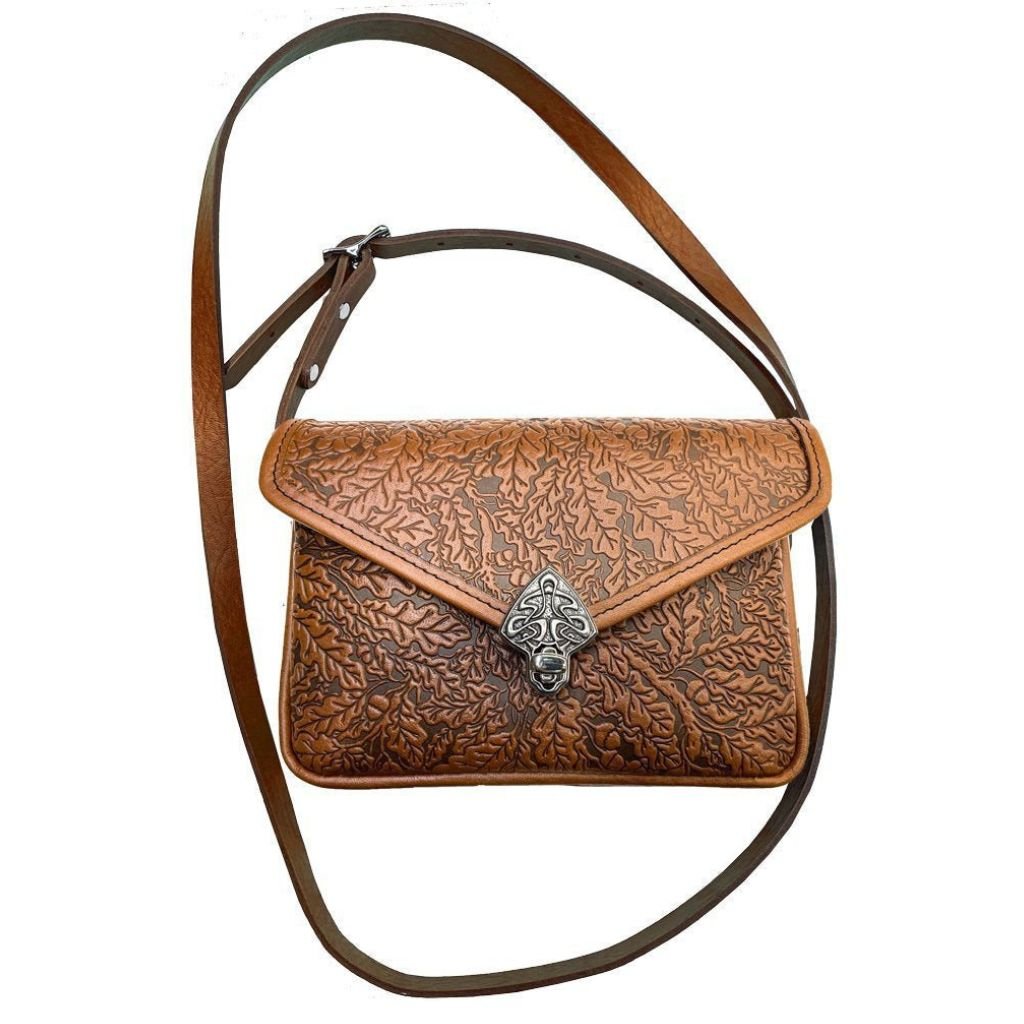 Oberon Design Leather Women&#39;s Cell Phone Handbag, Becca, Oak Leaves, Saddle with Strap