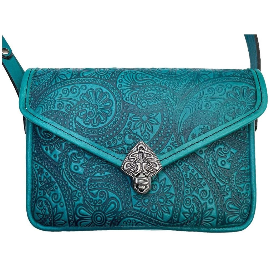 Oberon Design Leather Women's Cell Phone Handbag, Becca, Paisley, Teal