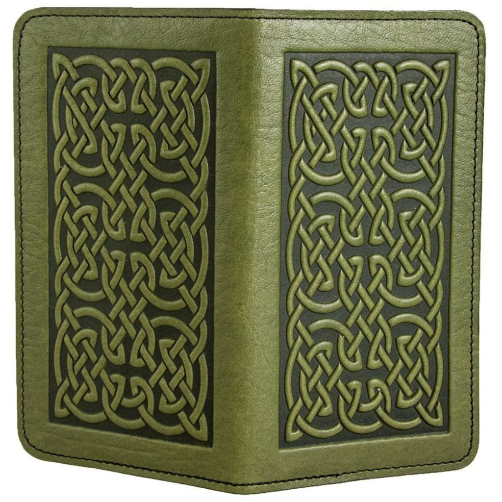 Leather Checkbook Cover, Bold Celtic in Fern - Open