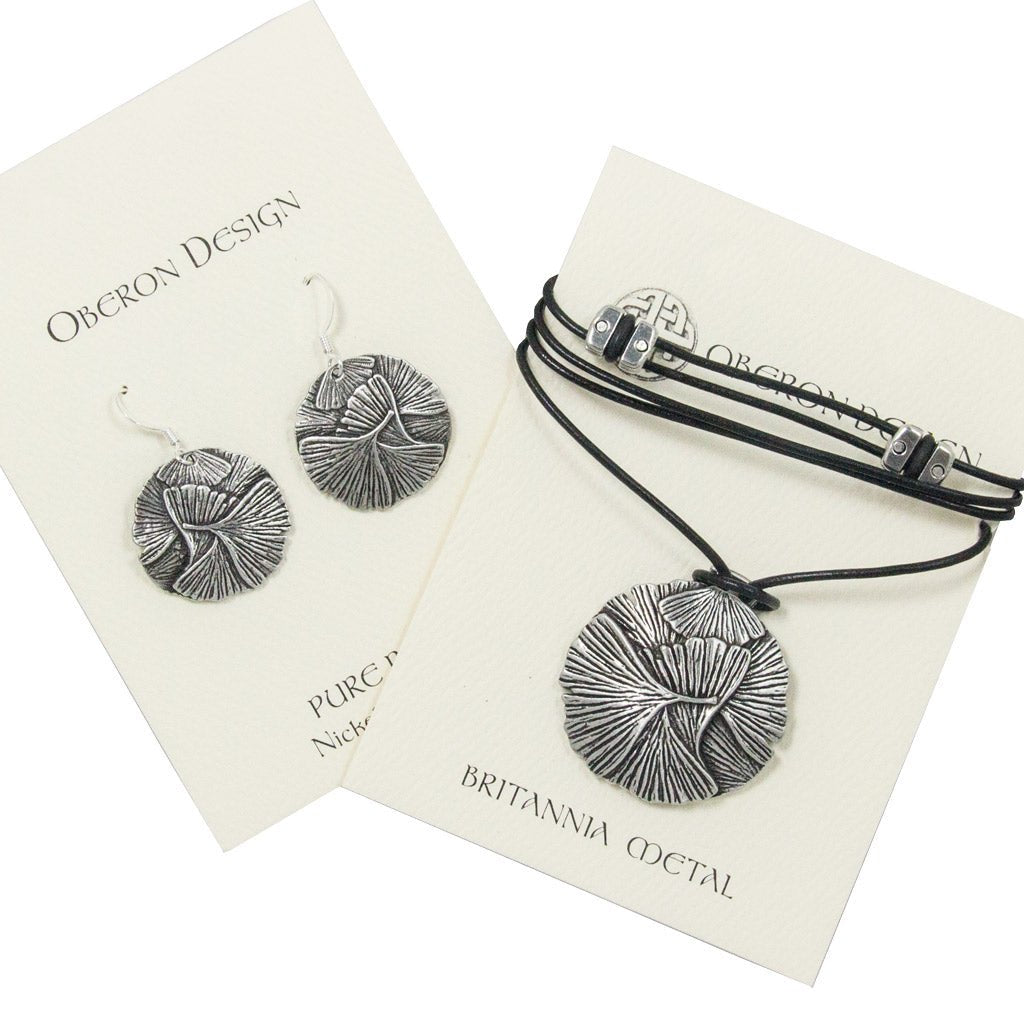 Oberon Design Ginkgo Leaf Jewelry Set, Necklace &amp; Earrings, Cards