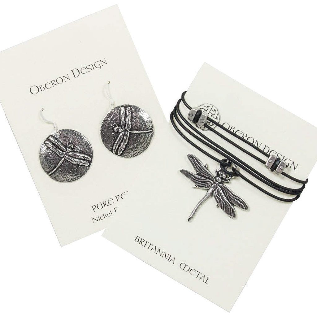 Oberon Design Dragonfly Hand-Cast Jewelry Set, Necklace &amp; Earrings, Cards
