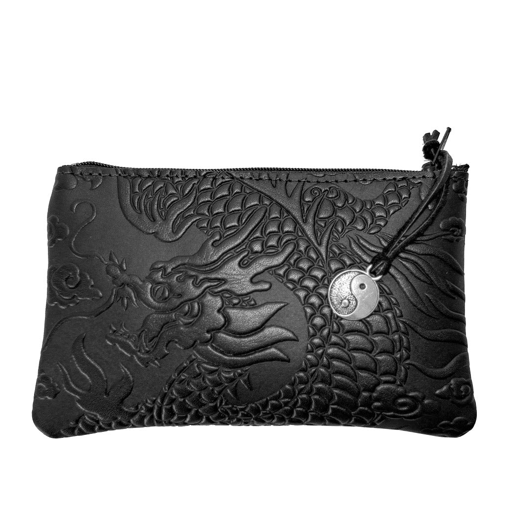 Leather 6 inch Zipper Pouch, Wallet, Coin Purse, Cloud Dragon in Black