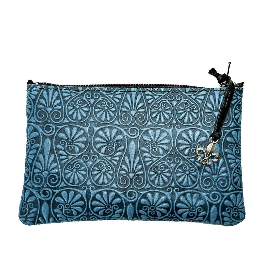 Leather 6 inch Zipper Pouch, Wallet, Coin Purse, Fanflower in Blue