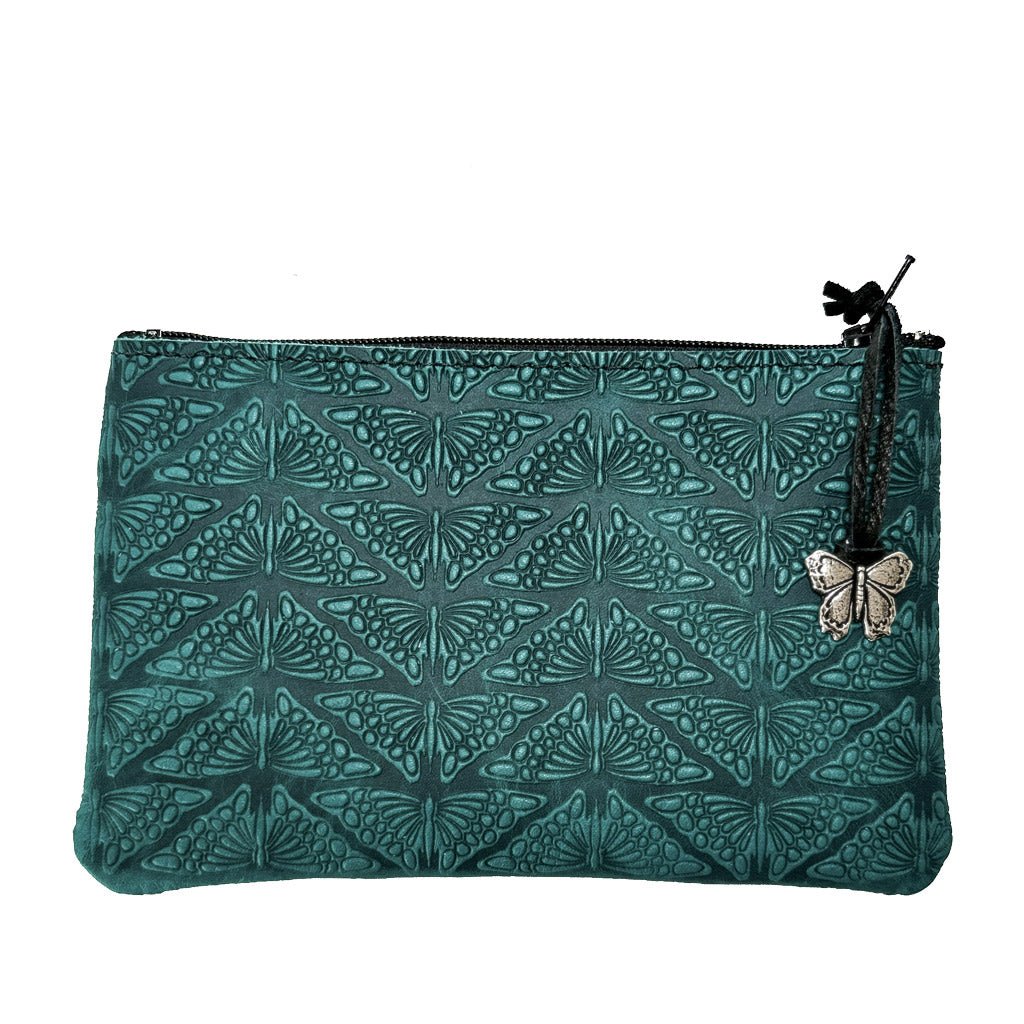 Leather 6 inch Zipper Pouch, Wallet, Coin Purse, Mariposas, Teal
