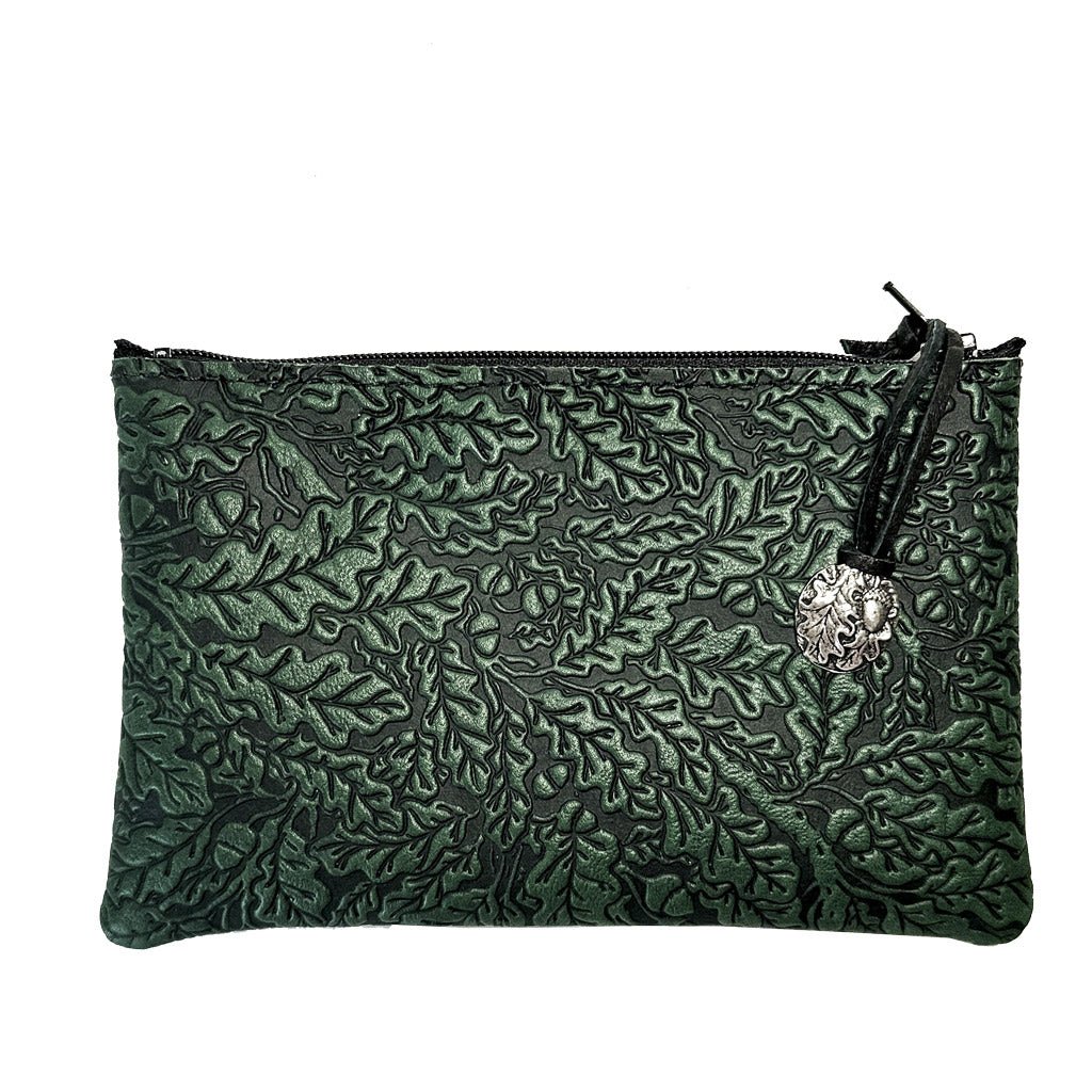 Leather 6 inch Zipper Pouch, Wallet, Coin Purse, Oak Leaves in Green