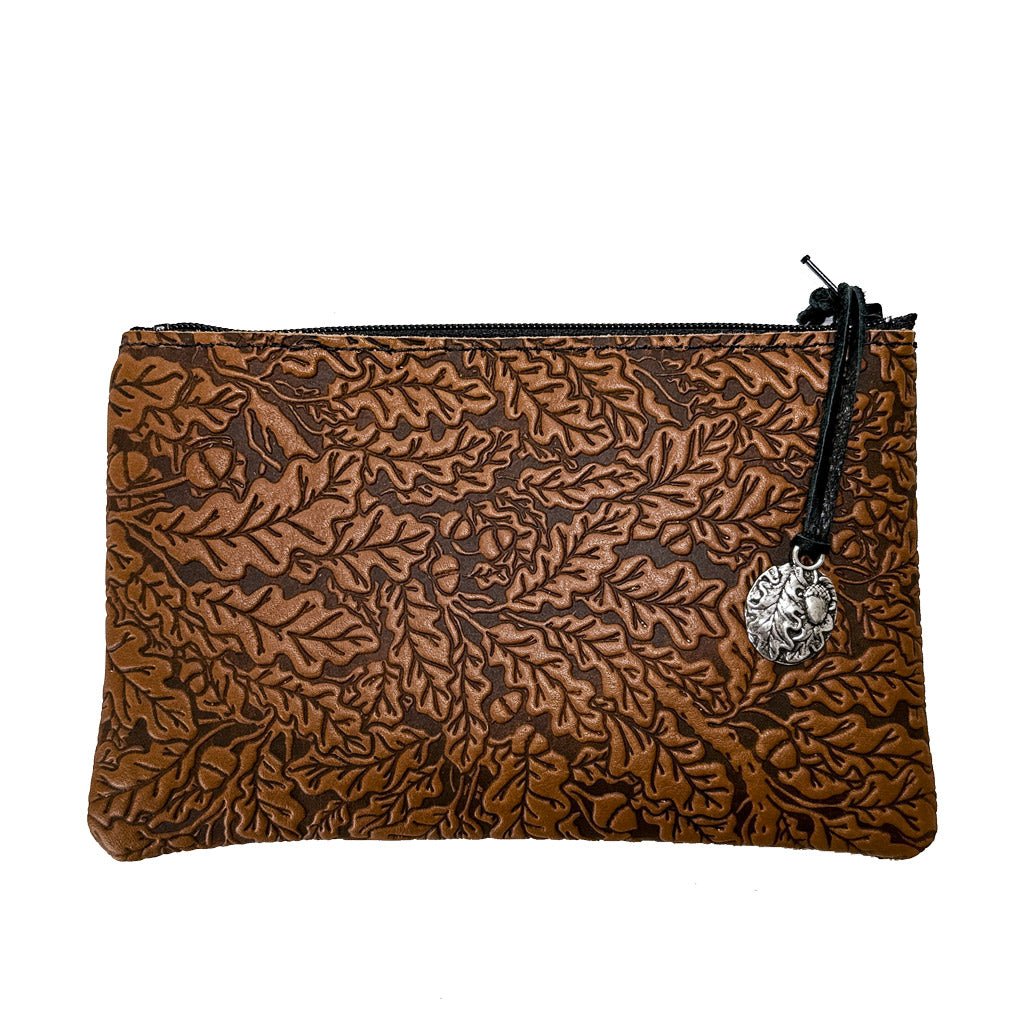 Leather 6 inch Zipper Pouch, Wallet, Coin Purse, Oak Leaves in Saddle