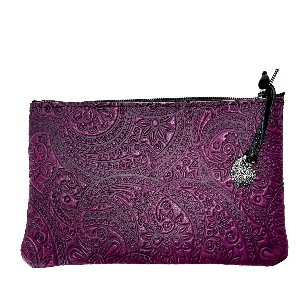 Leather 6 inch Zipper Pouch, Wallet, Coin Purse, Paisley in Orchid