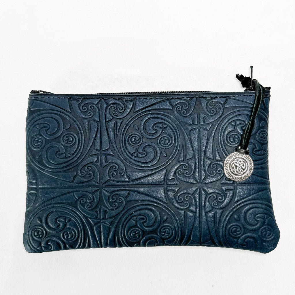 Leather 6 inch Zipper Pouch, Wallet, Coin Purse, Treskelion Knot Navy