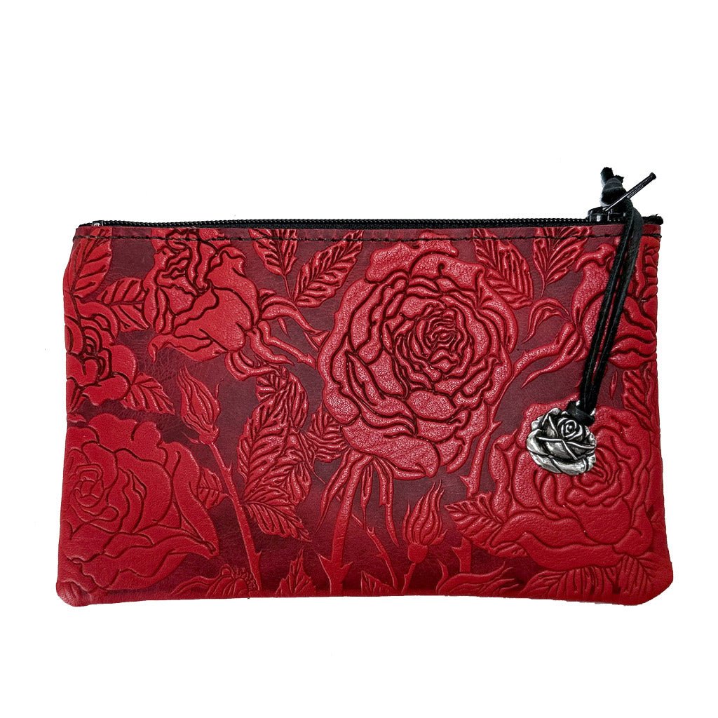 Leather 6 inch Zipper Pouch, Wallet, Coin Purse, Wild Rose, Red