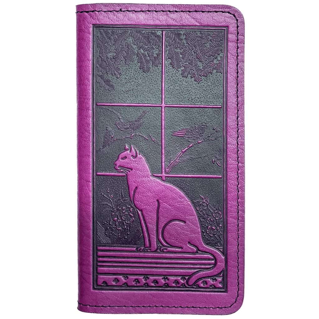 Leather Checkbook Cover, Cat in Window, Orchid